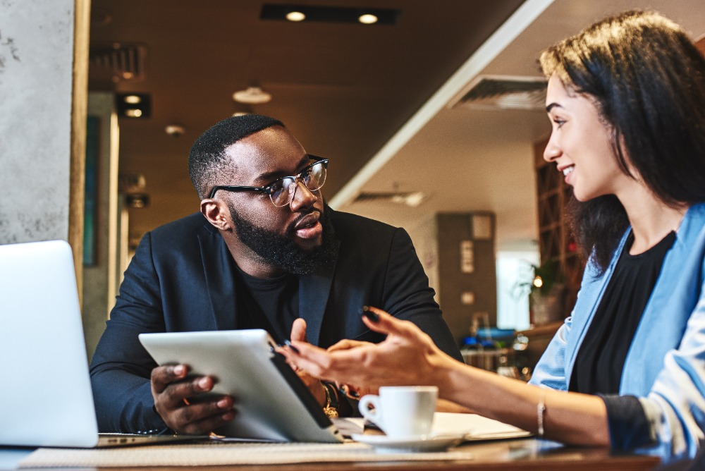 Two people discussing a topic
