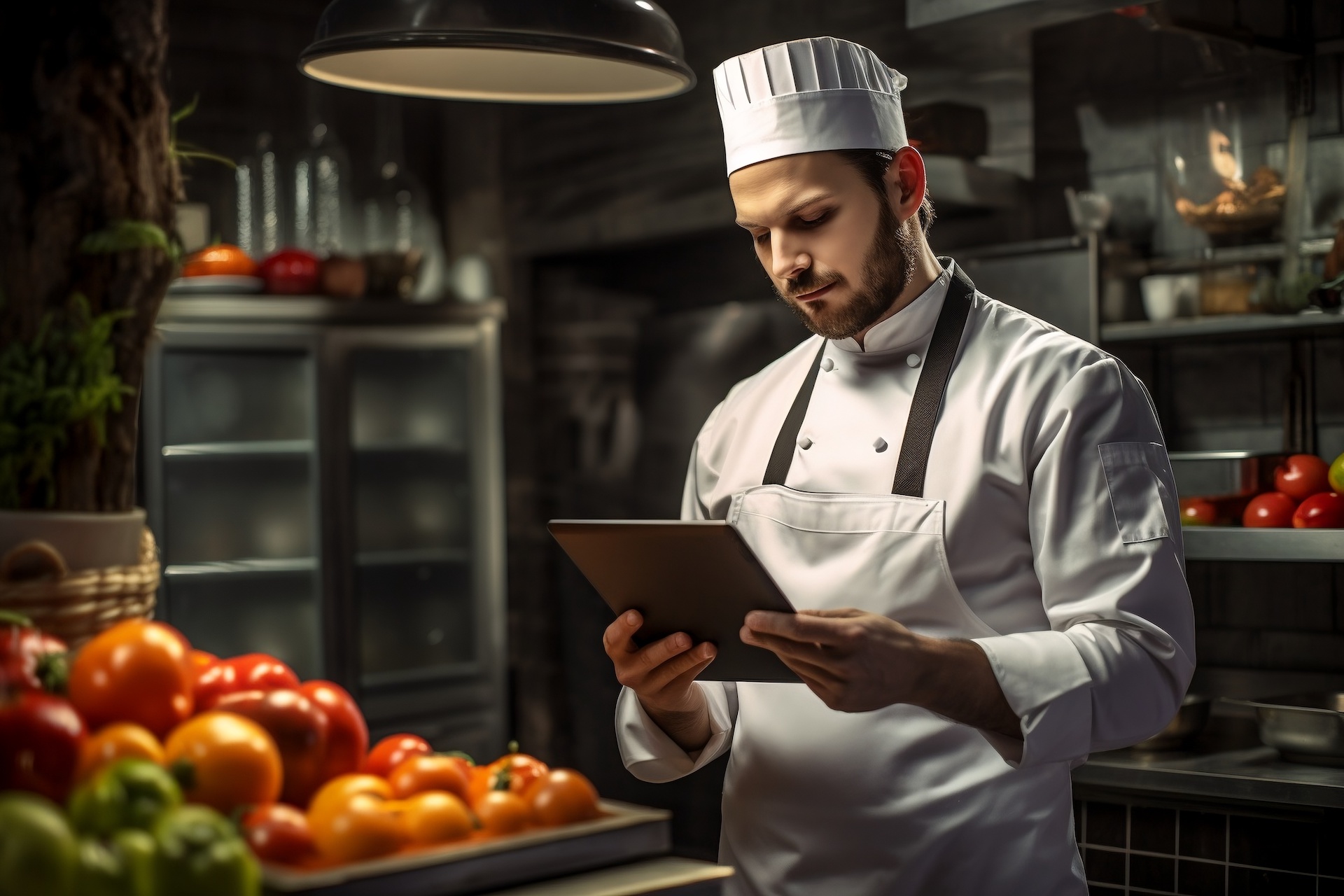 The restaurant chef places a kitchen grocery order using a tablet