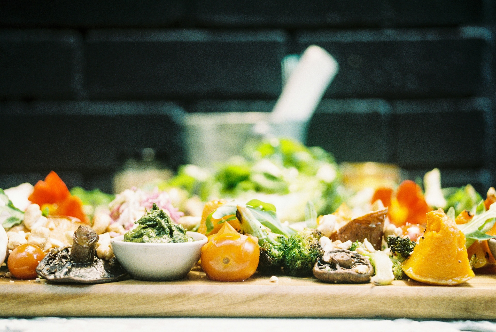 Chopping board laden with chopped ingredients