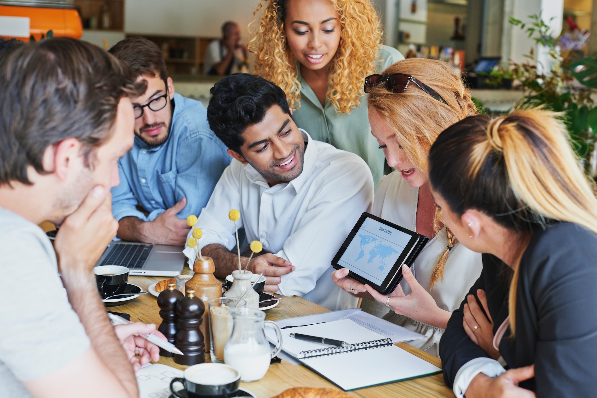 Digital marketing, tablet and global seo meeting for statistics