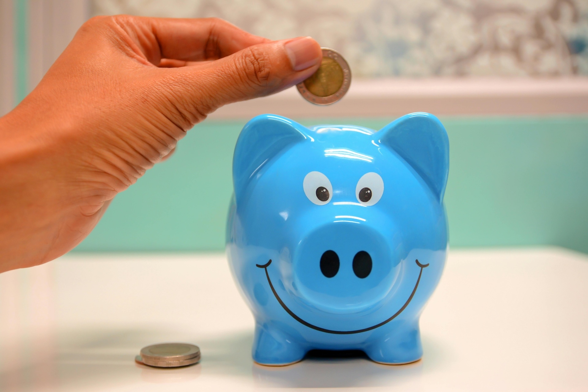 blue ceramic piggy bank