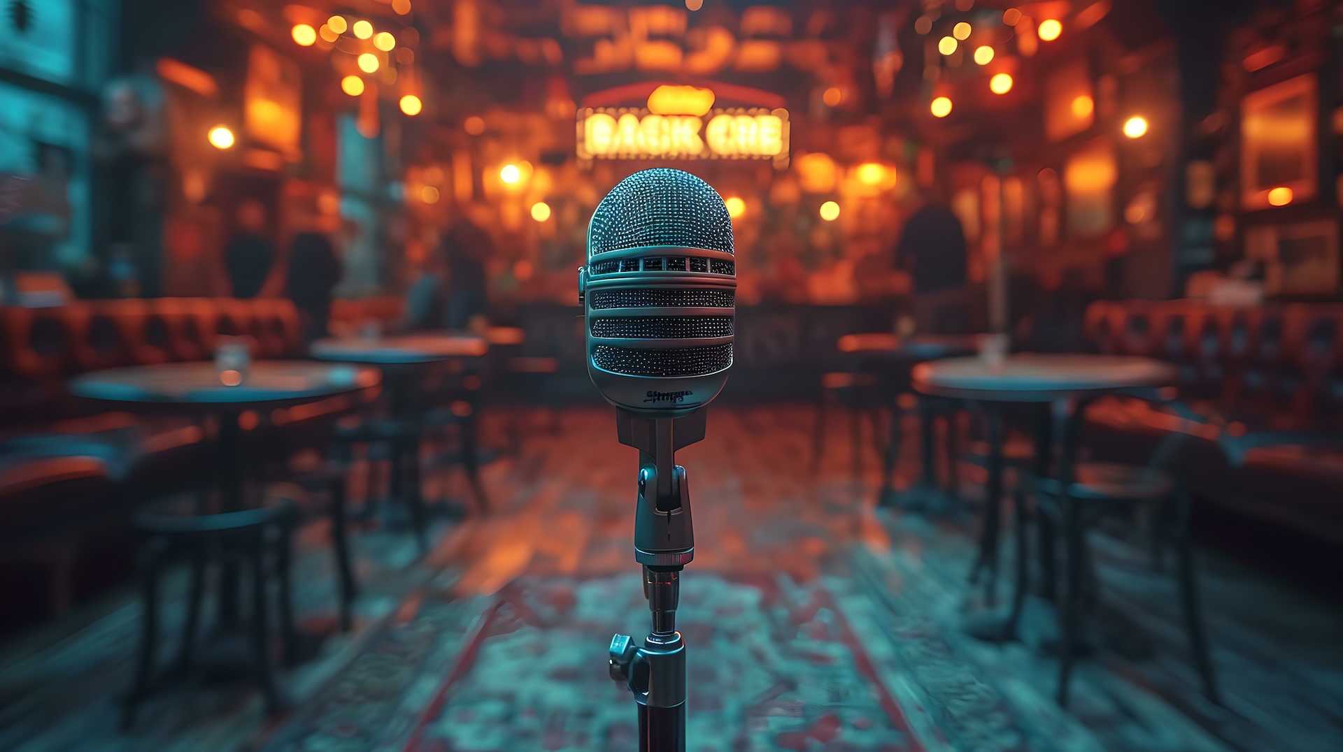 Vintage microphone on stage with blurred cafe background, empty chairs awaiting audience