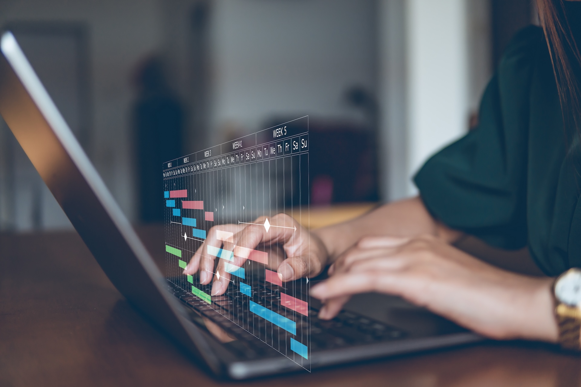Business people check schedule on table in visual screen