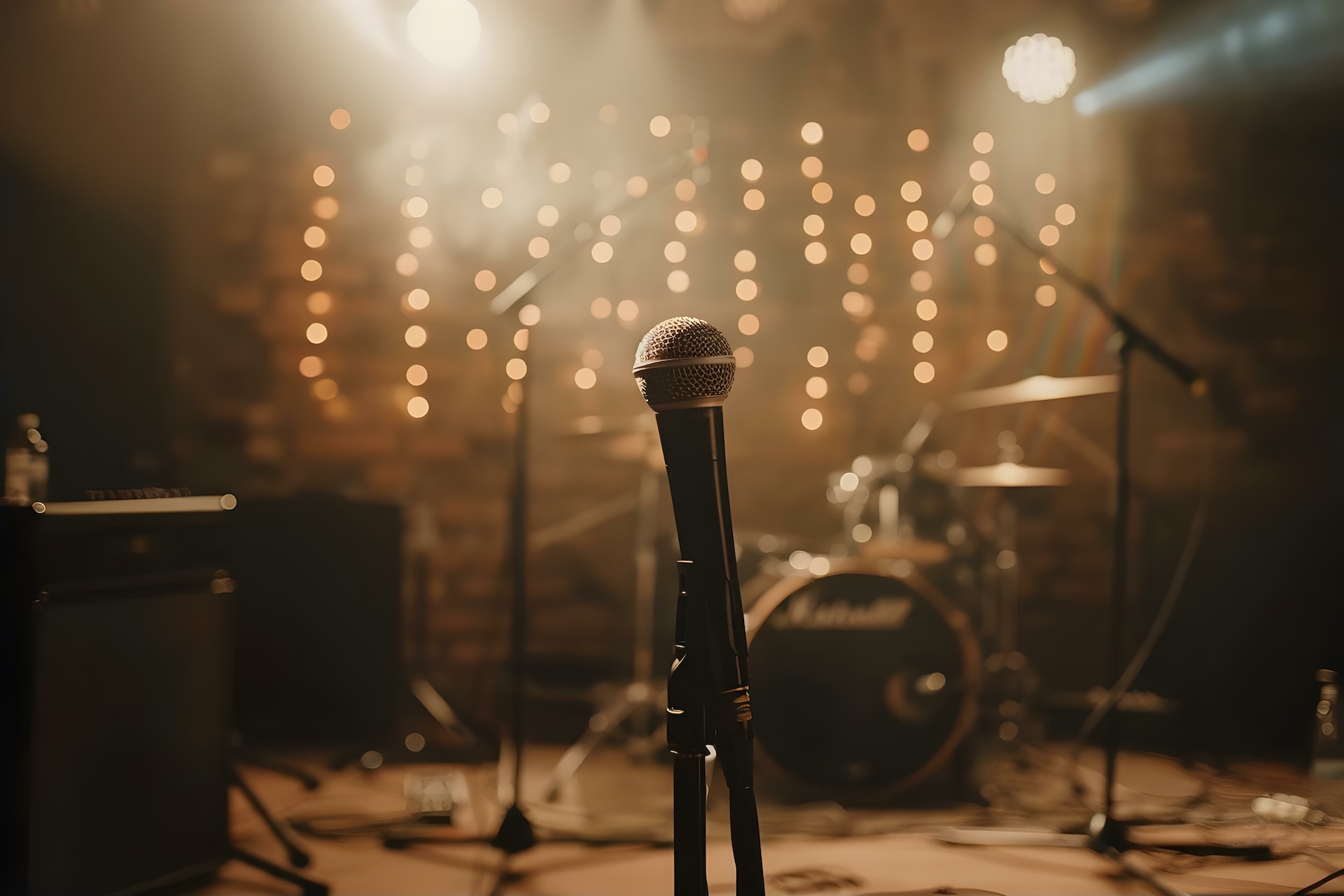 Closeup of a microphone stand in a small concert venue