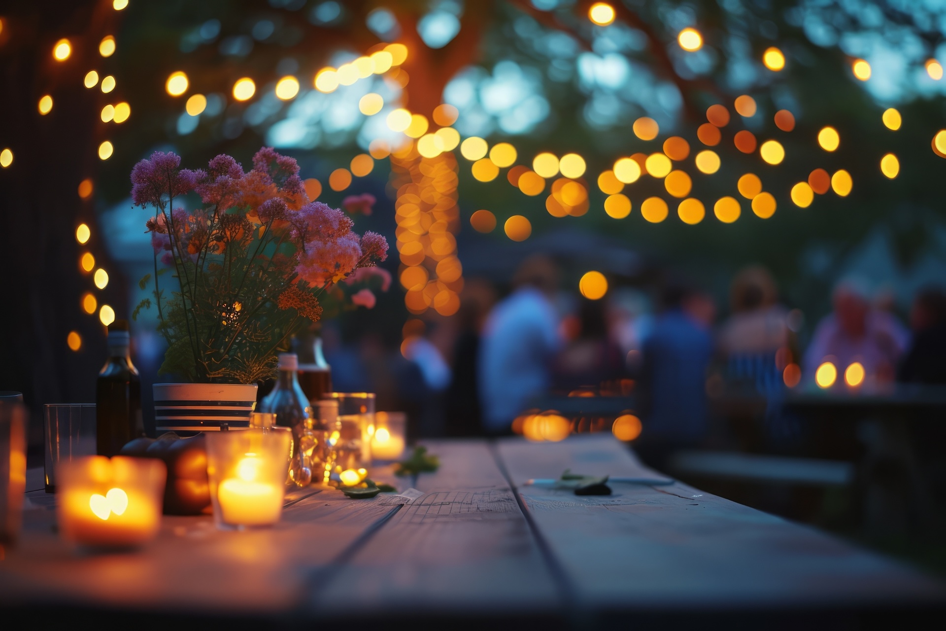 Outdoor party with lamp garlands and many people silhouettes, blurred background