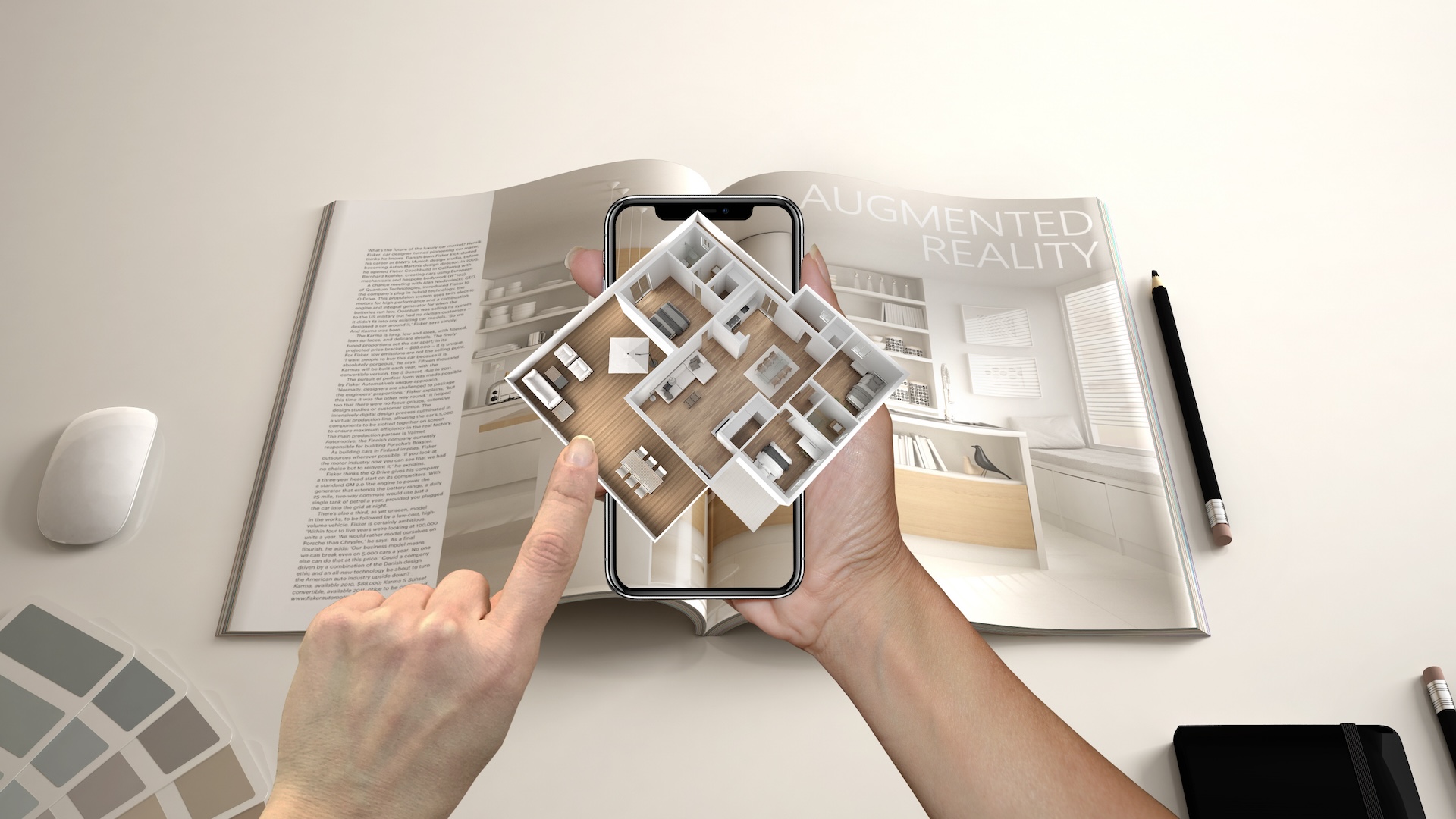 Smartphone with AR application used to simulate 3d pop-up interactive house maps