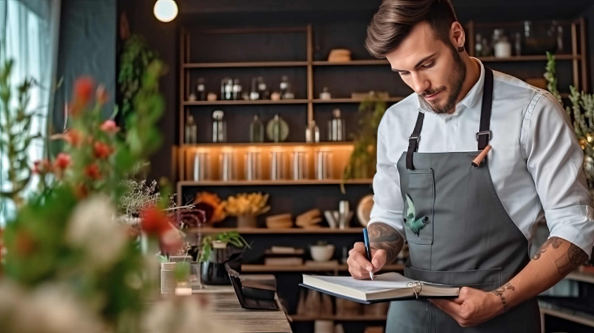Male waiter stands on the background of the restaurant writes down the order in a notebook