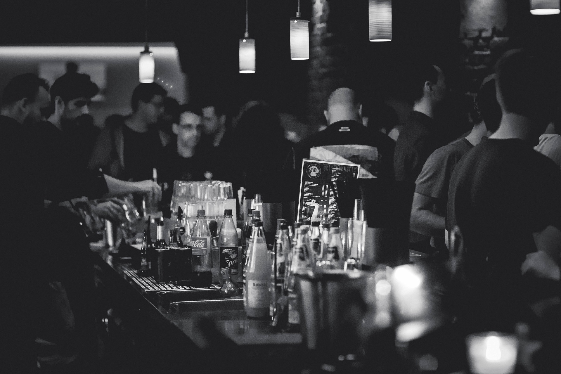 busy bar in black and white
