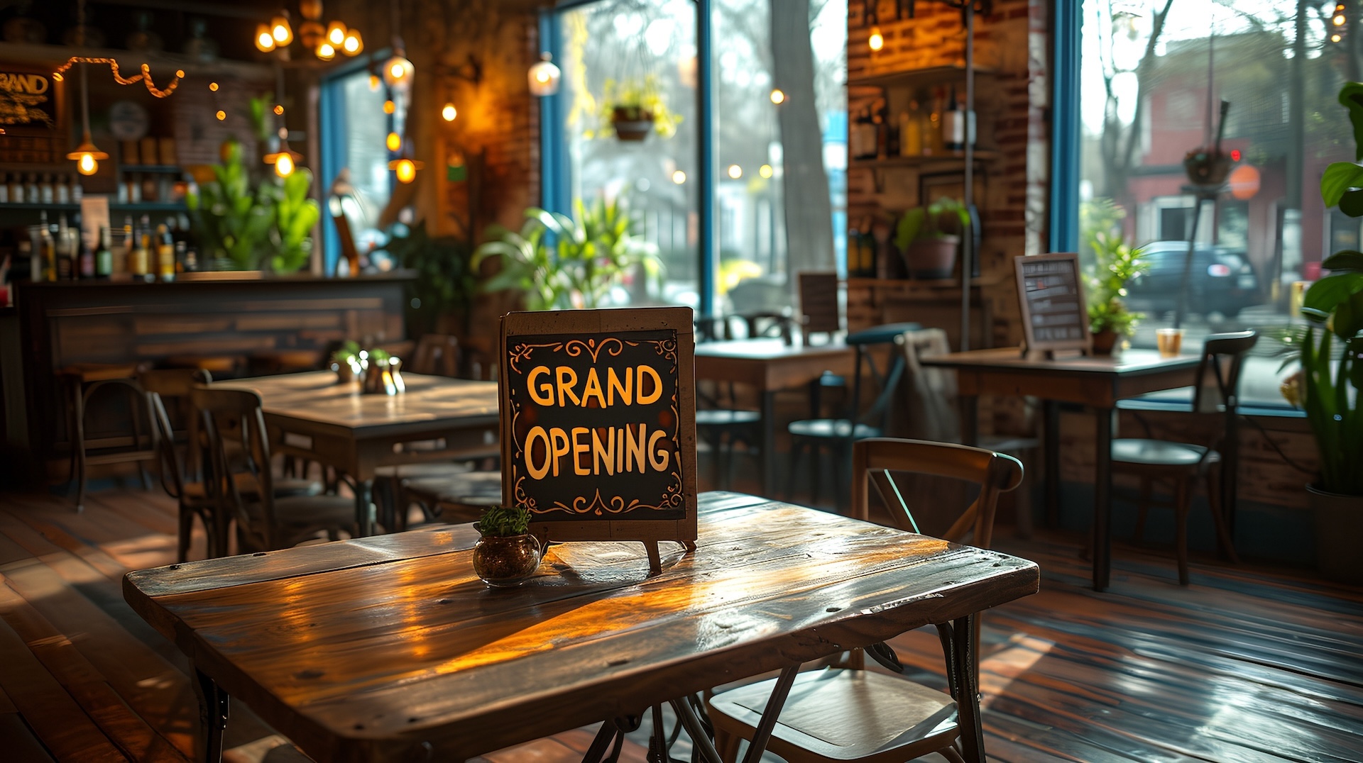 Restaurant grand opening - sign on table - cold open - flowers - stylish design and decor