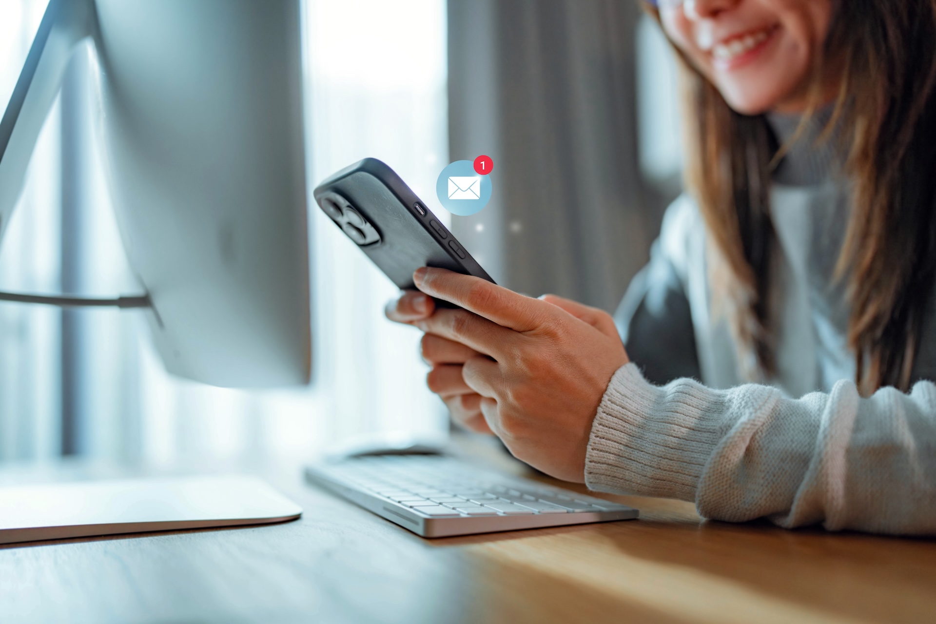 Woman hands using smartphone with 1 new email alert sign icon pop up