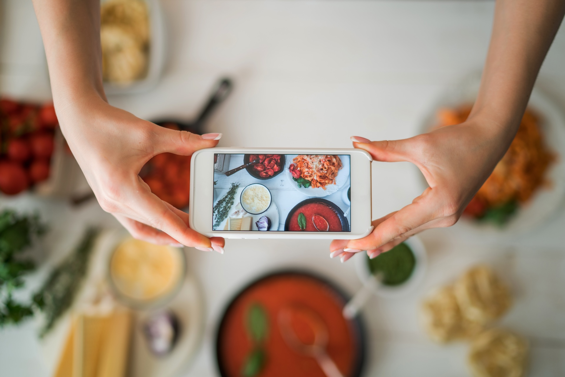 Hands with the smart phone pictures of meal
