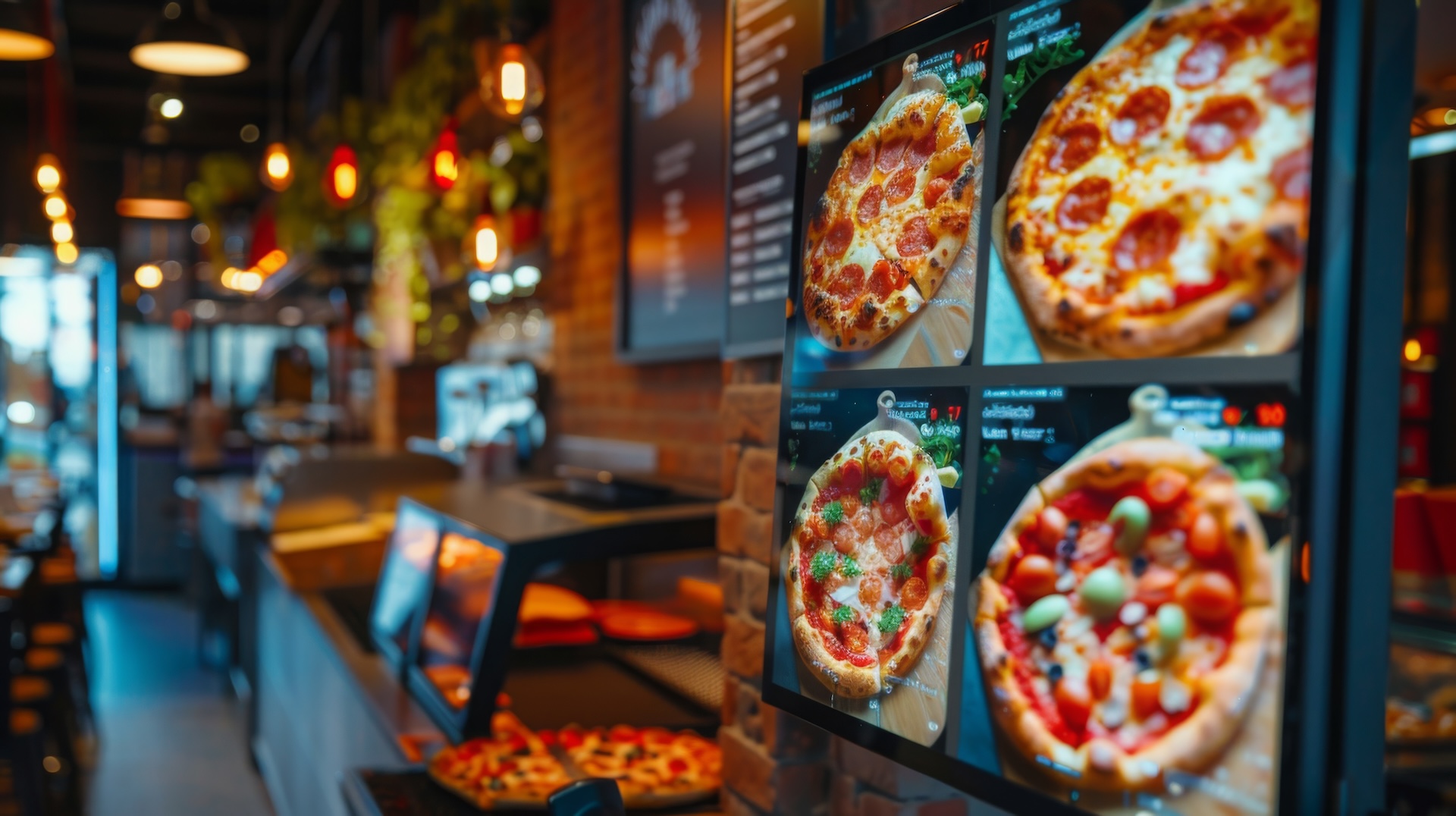 digital menu board in restaurant showing various pizzas