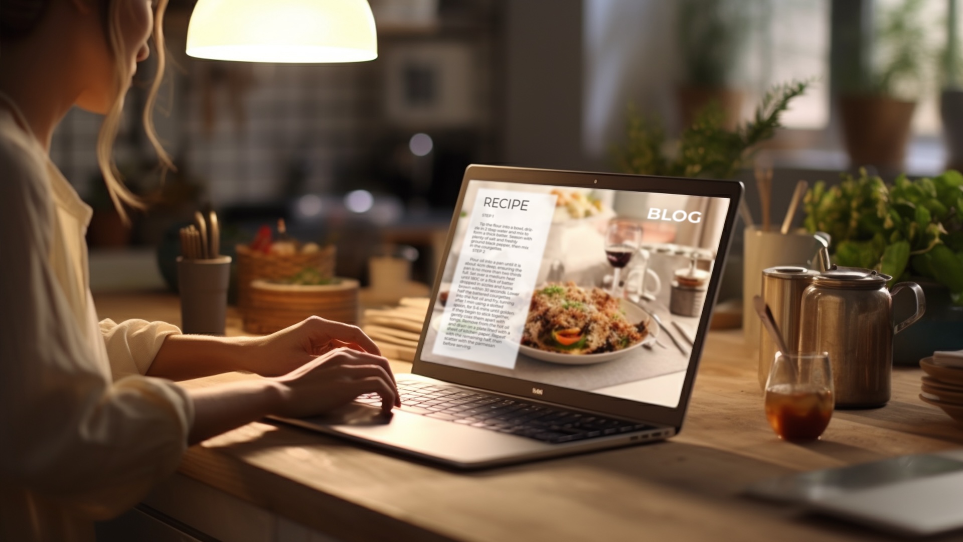 Culinary blog, mockup, woman reading blog online on computer