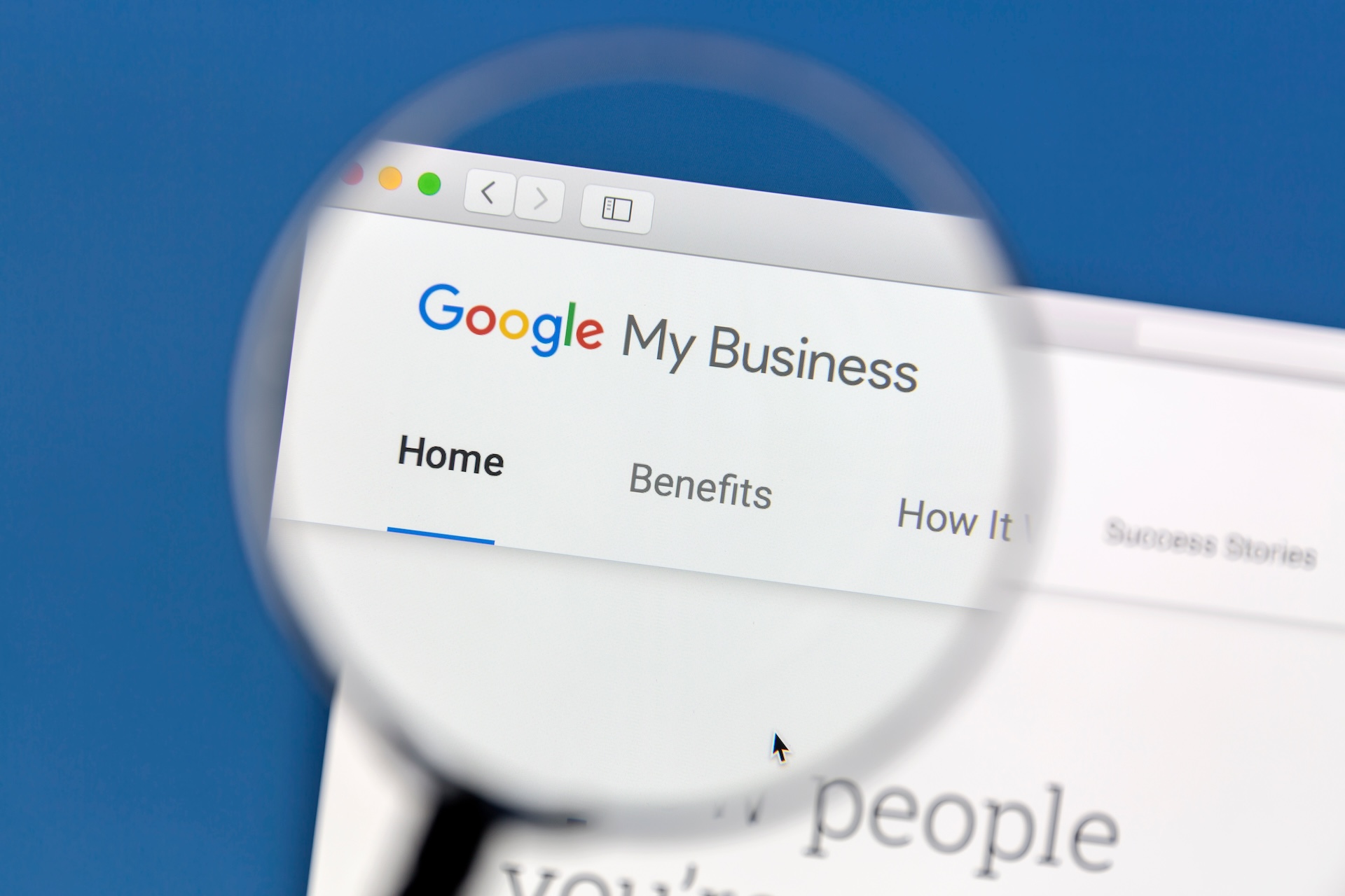 Google My Business website under a magnifying glass