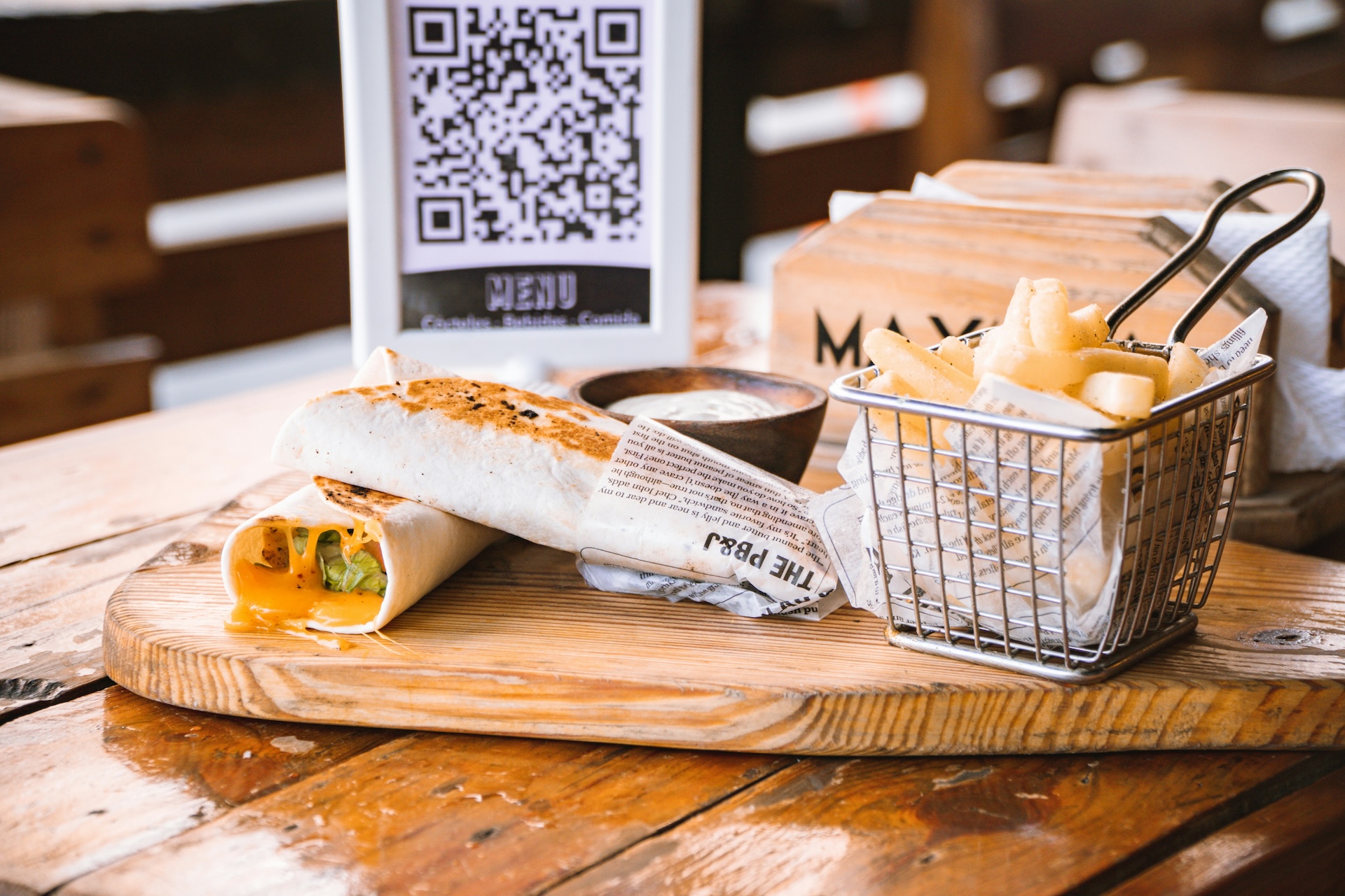 qr code behind a basket of food