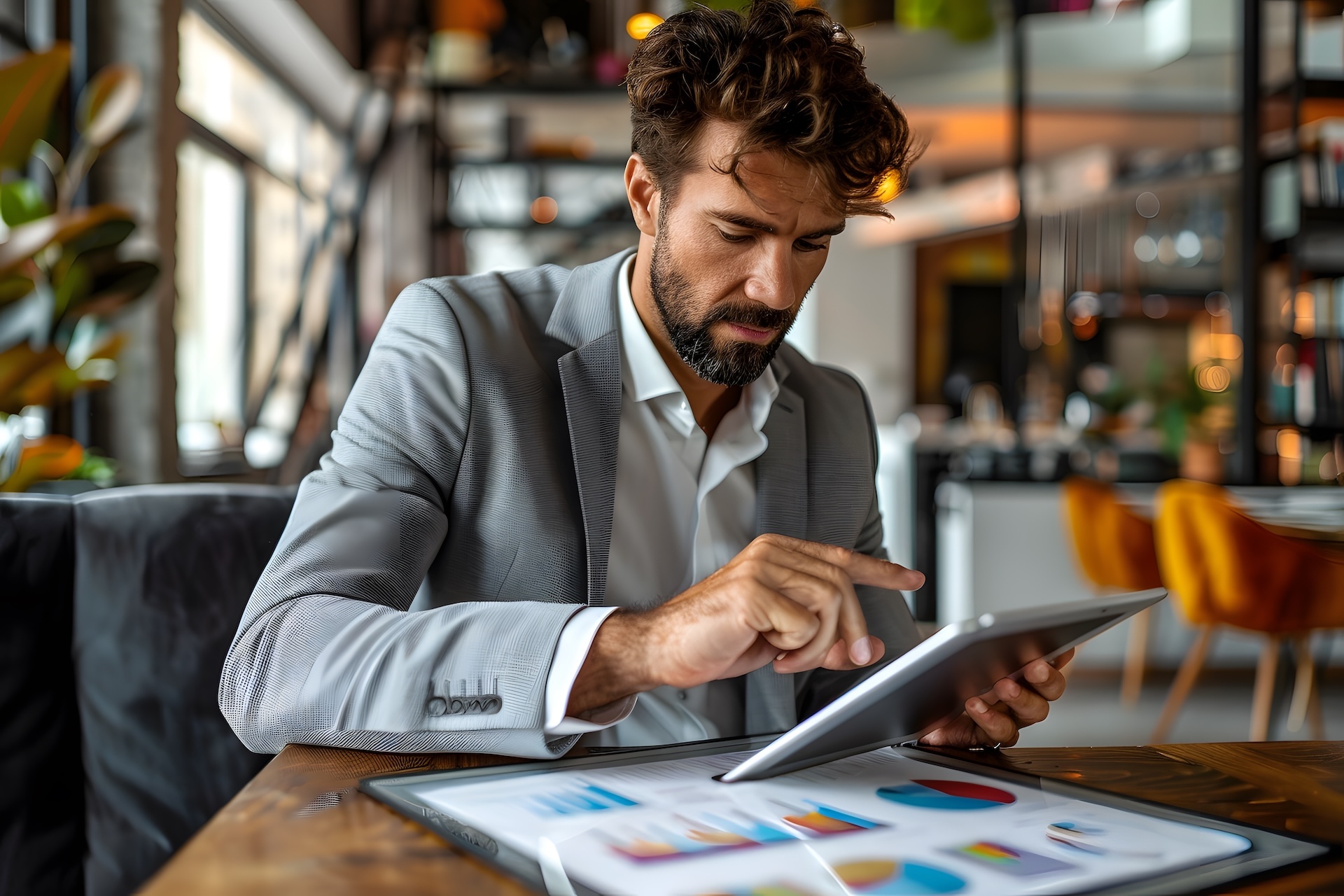 Strategic Businessman Analyzing Data of restaurant profit margin in a Modern Cafe