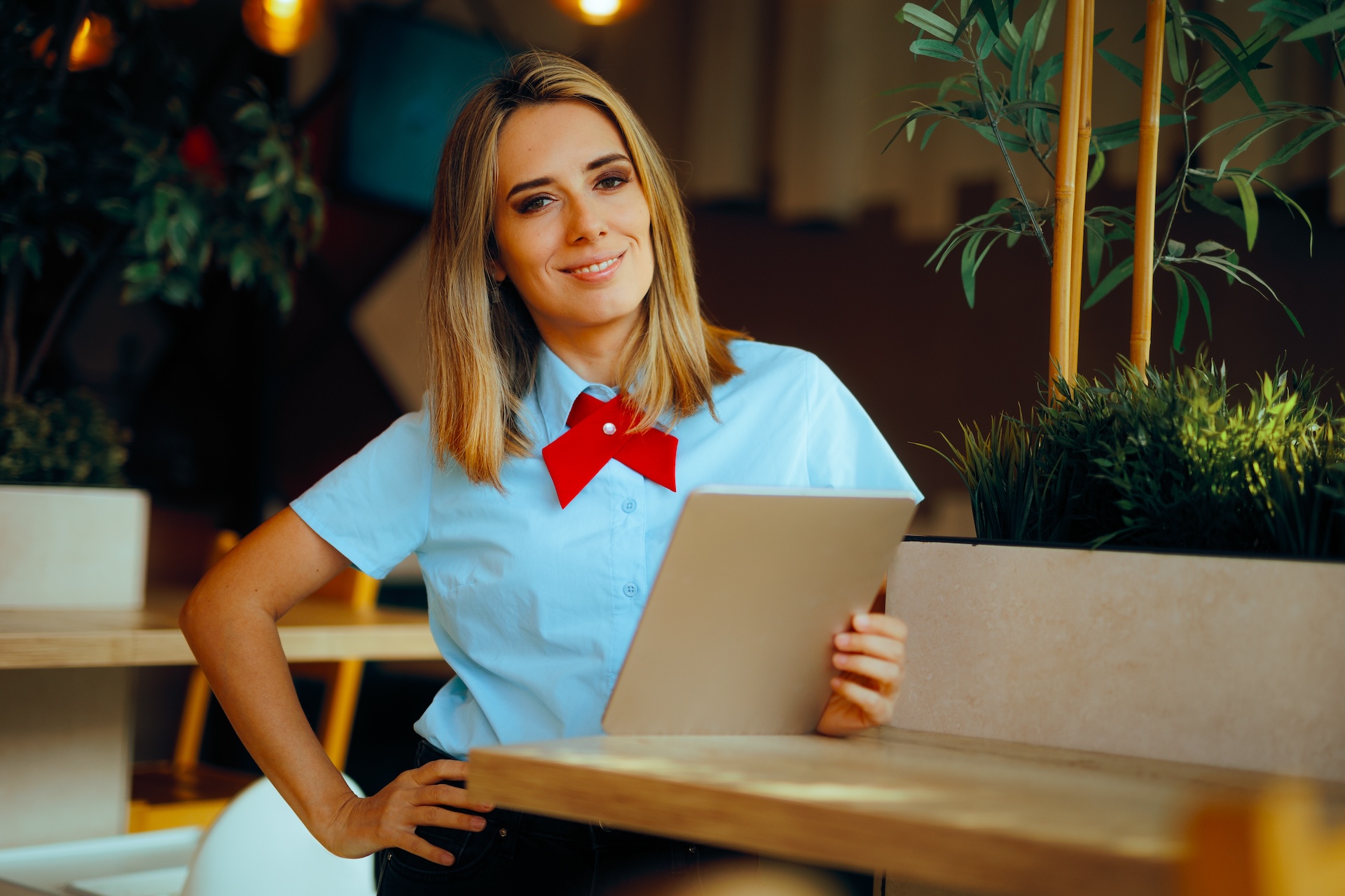 Quick Service Restaurant Manager Holding a Pc Tablet