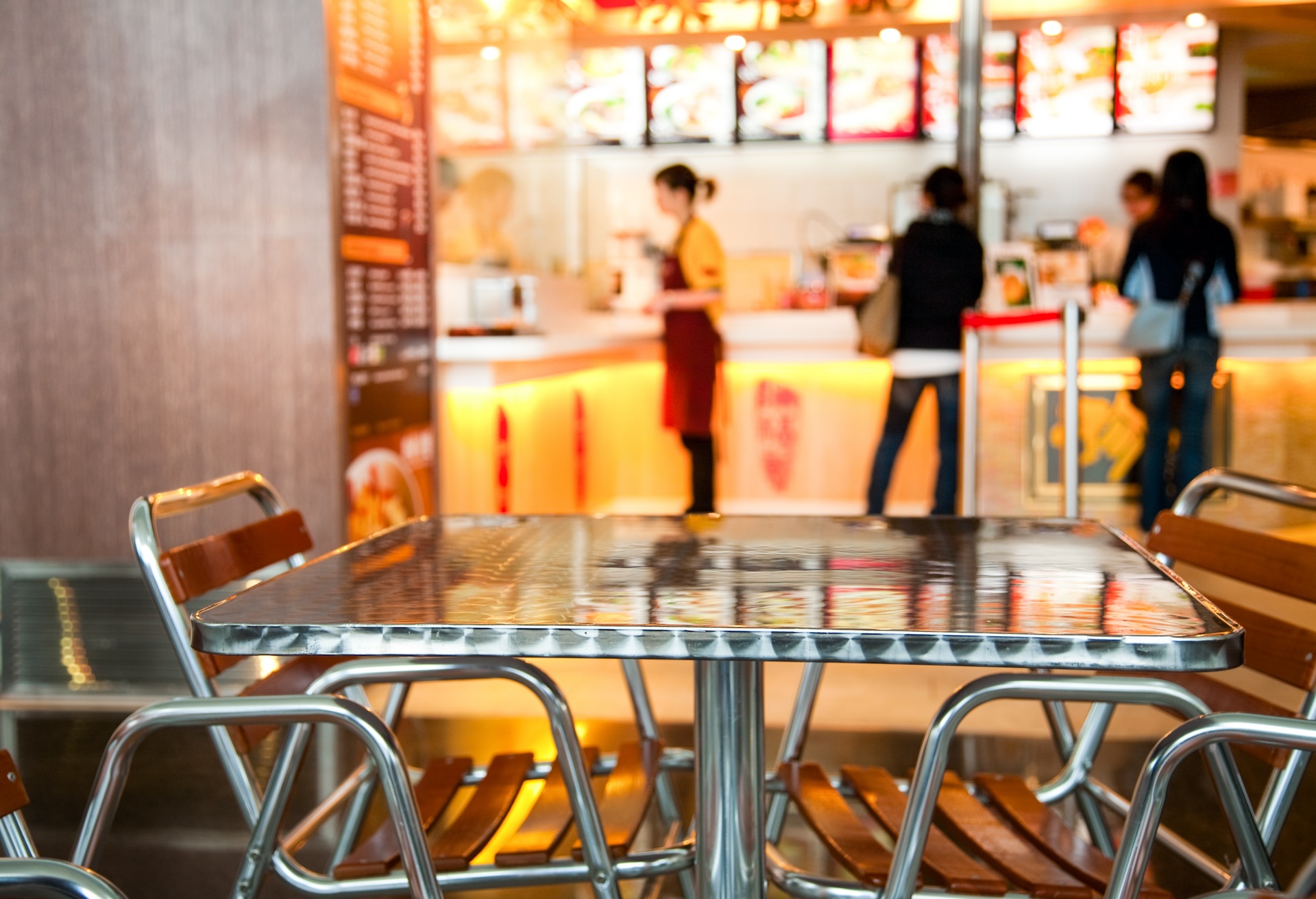 Seats and table at a quick service restaurant