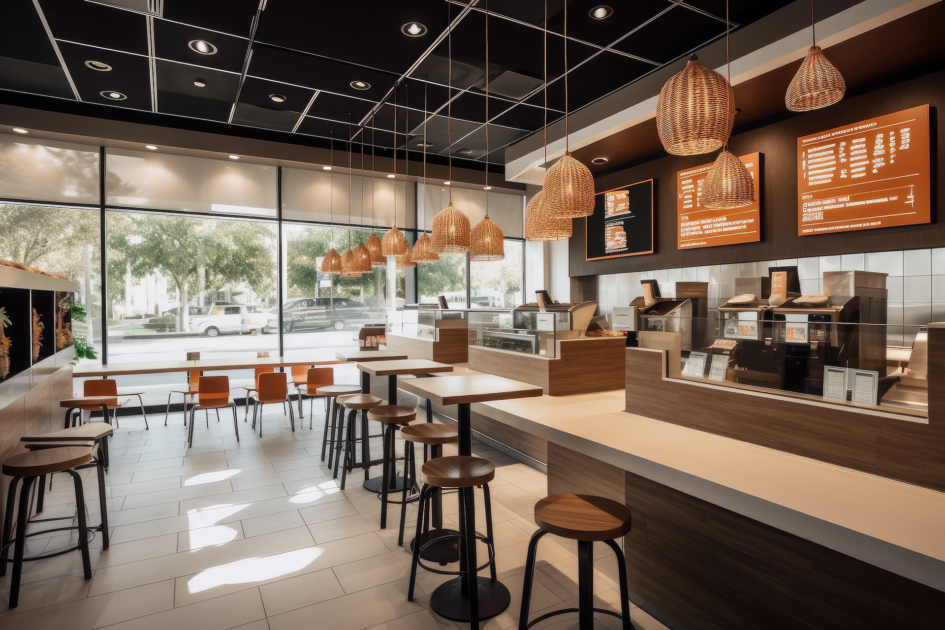 quick service restaurant with modern interior design, lighting and seating