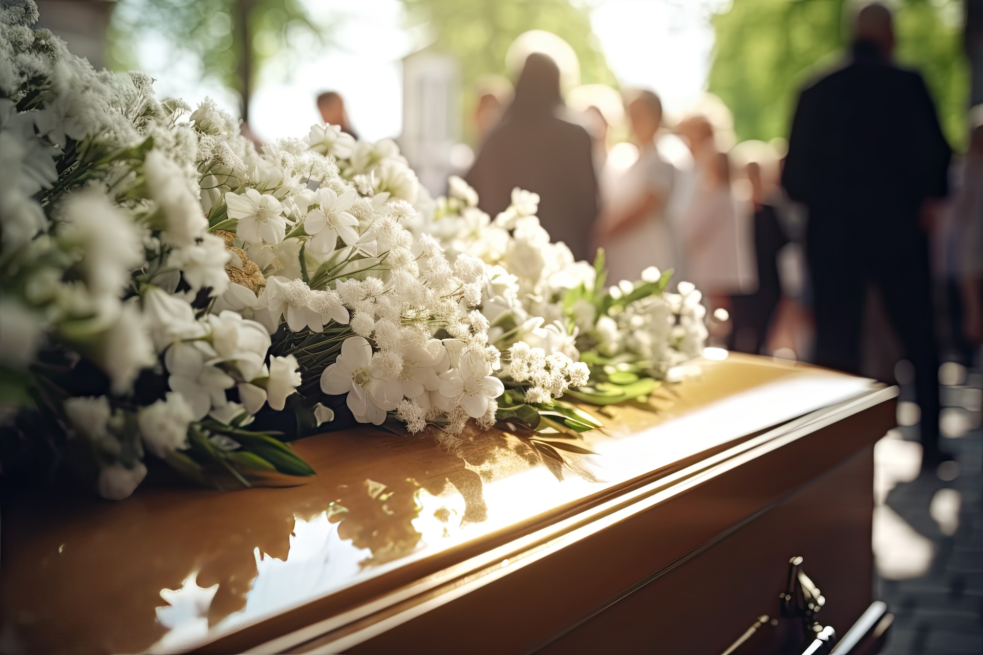 A reverent celebration of life scene, the coffin is decorated with flowers