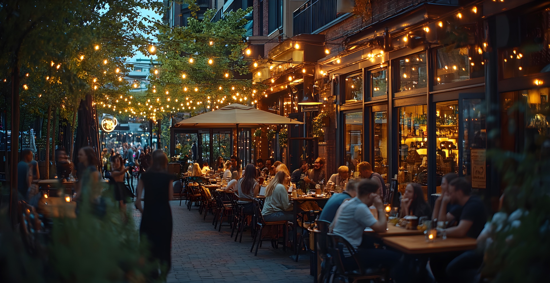 A busy outdoor restaurant with people sitting at tables