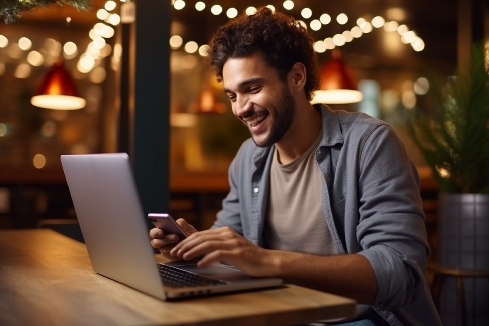 Man using smartphone and laptop for electronic booking