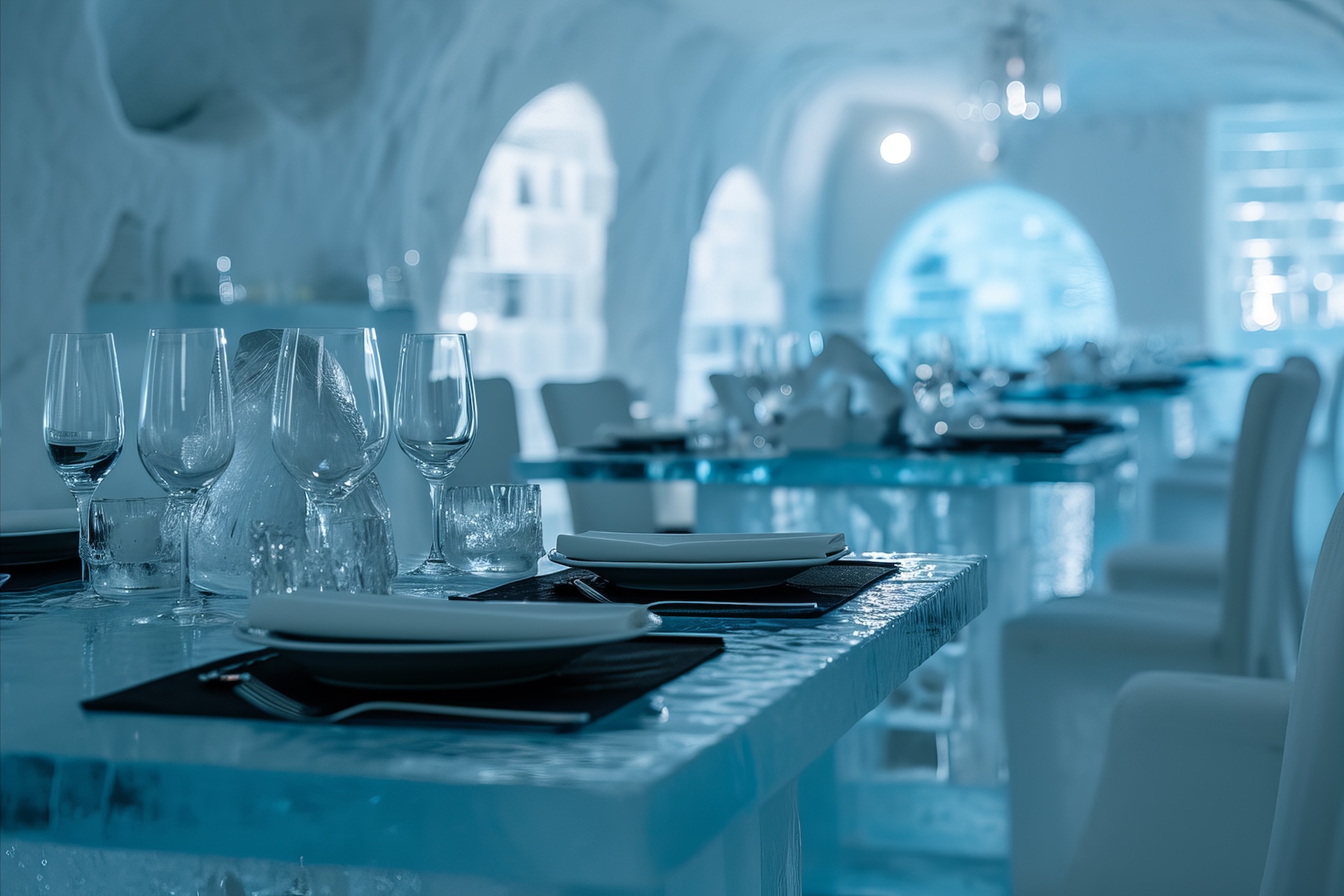 Ice hotel Ice restaurant ambiance with transparent dining sets and ambient light