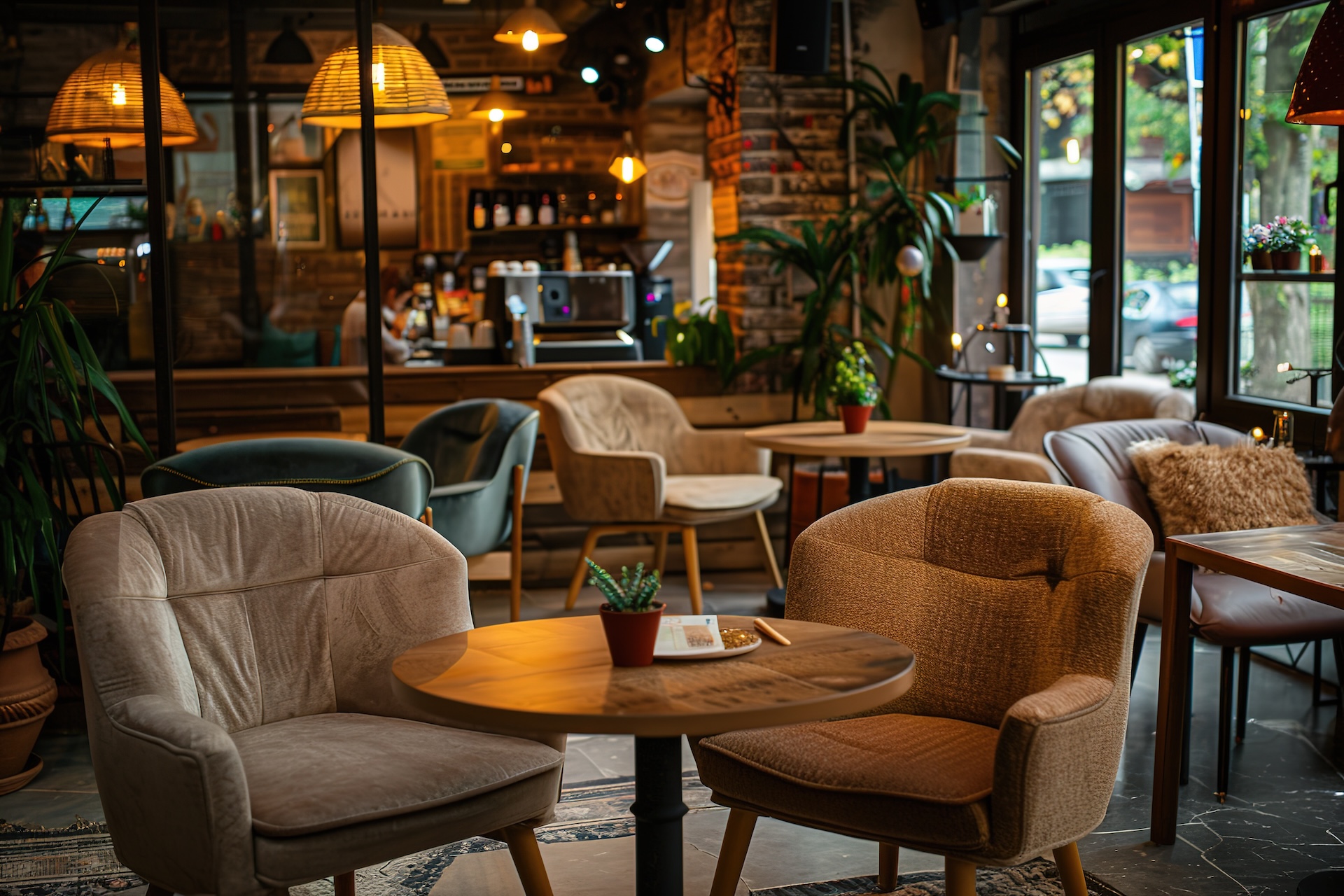 Cozy café interior with comfortable chairs and wooden table