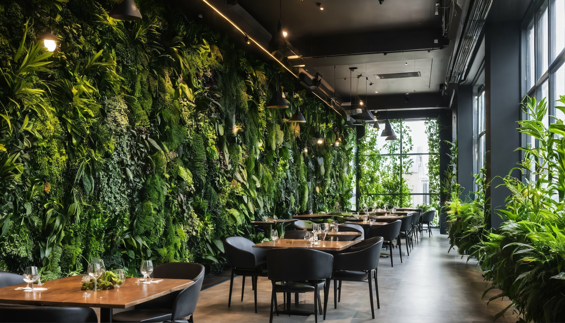Eco-friendly cafe or restaurant interior with living green wall
