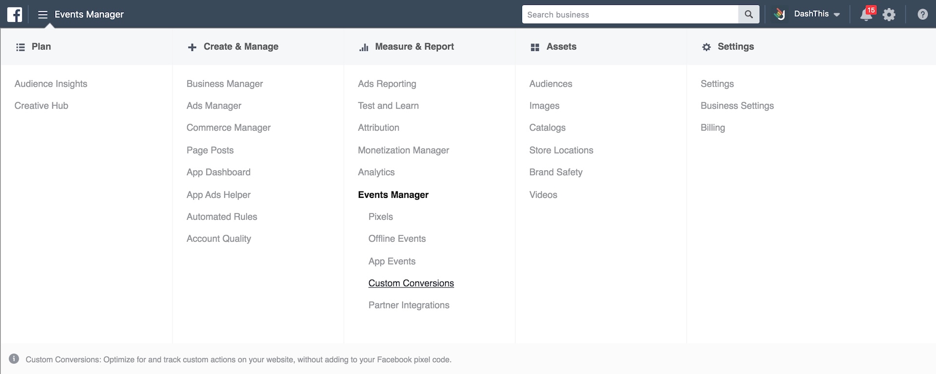 Facebook Events Manager custom conversions