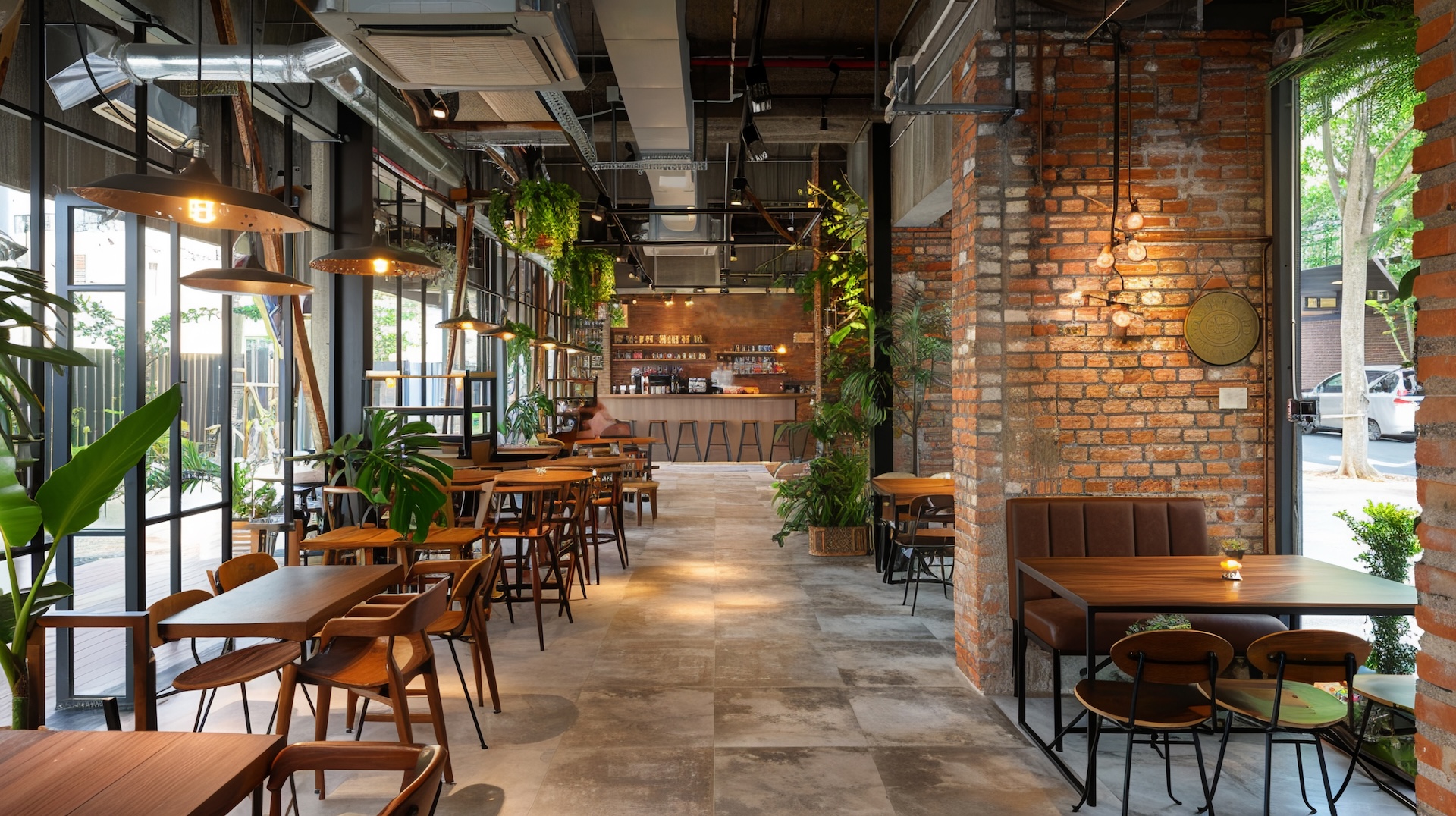 Stylish small restaurant interior, industrial design elements
