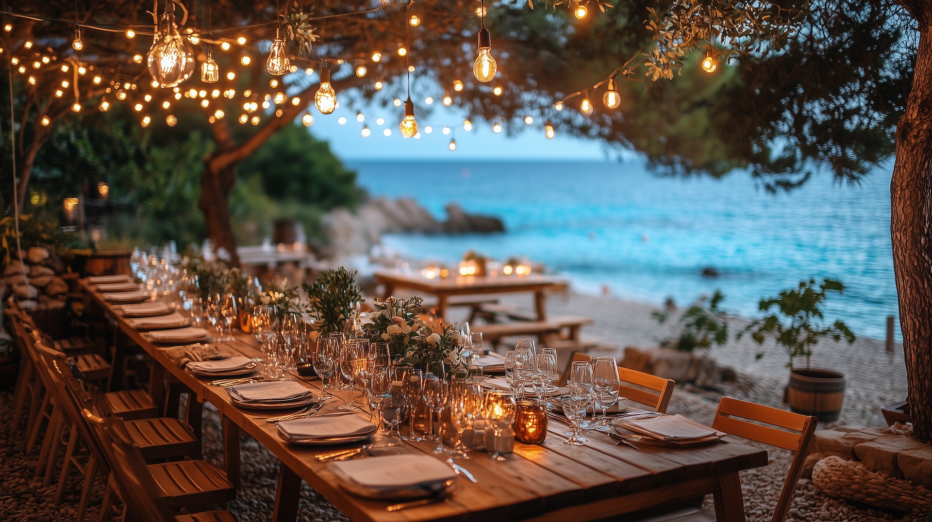 Outdoor beachside mini restaurant design with string lights and wooden tables