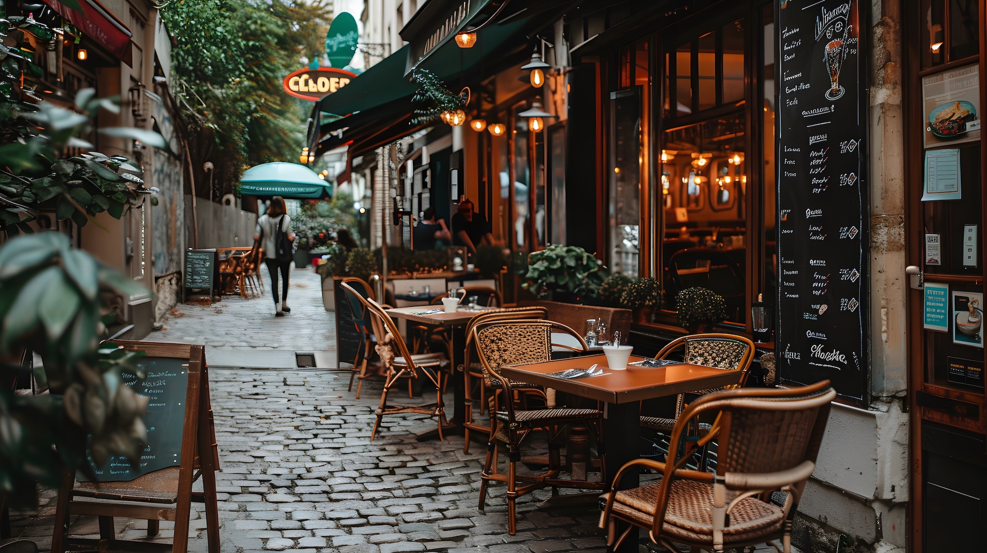 A outdoor mini restaurant with chairs and tables on a cobbled road