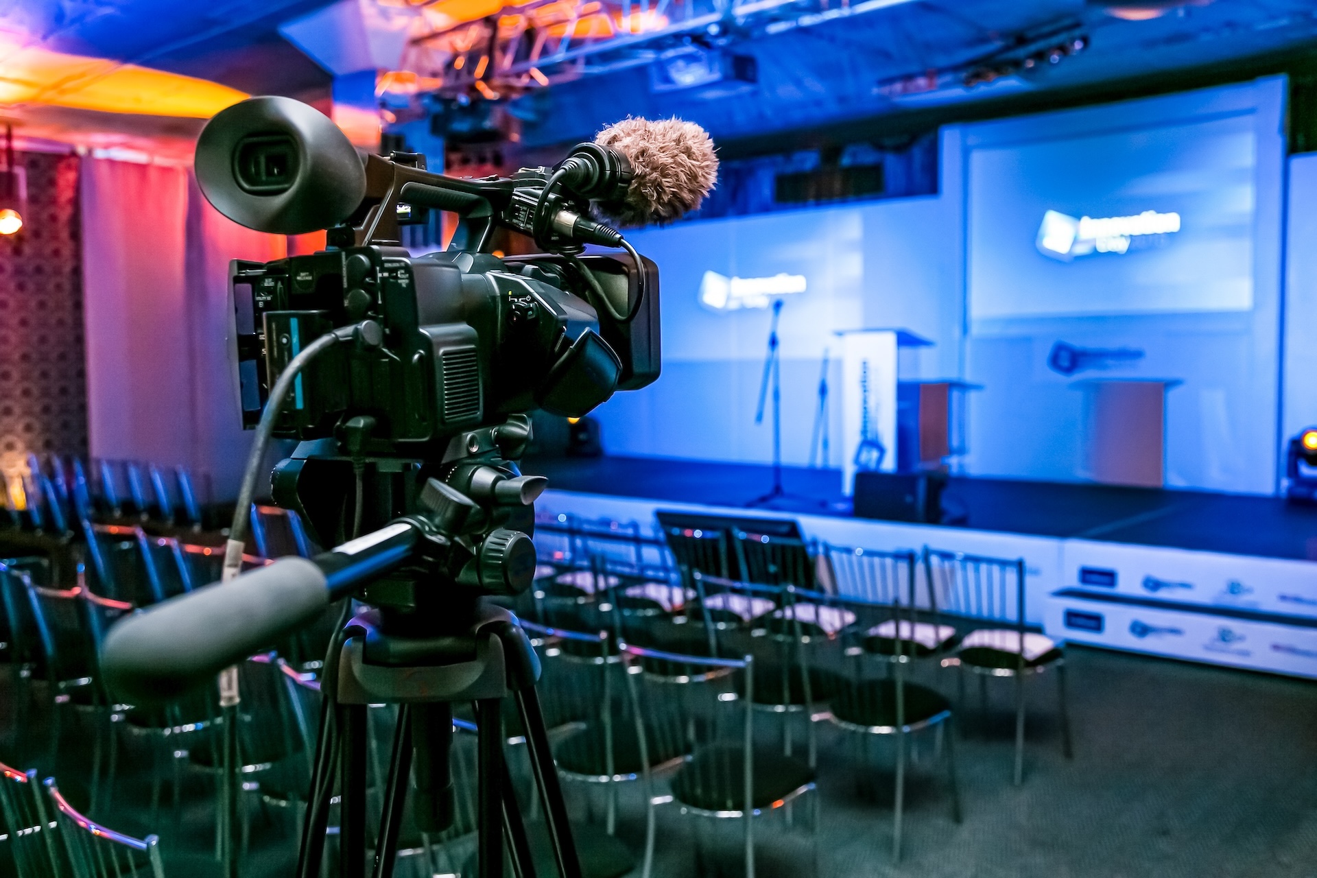 video camera set up at event for a hybrid virtual and in-person event