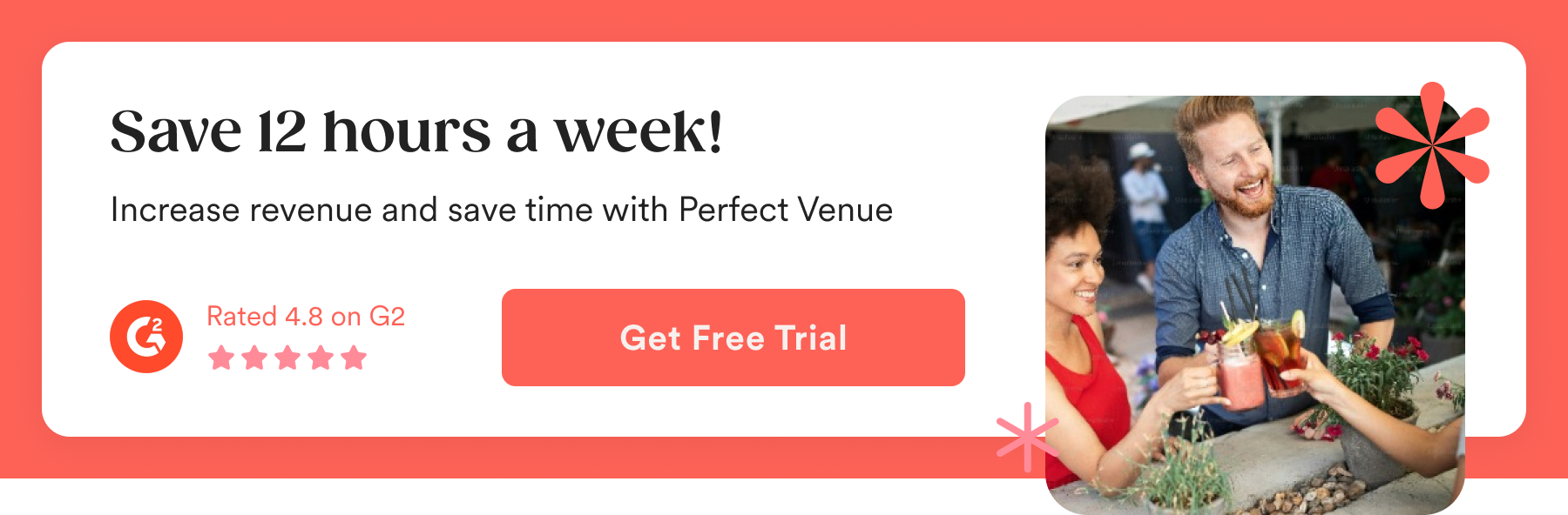 Infographic advertizing Perfect Venue with an image of three friends at a bar