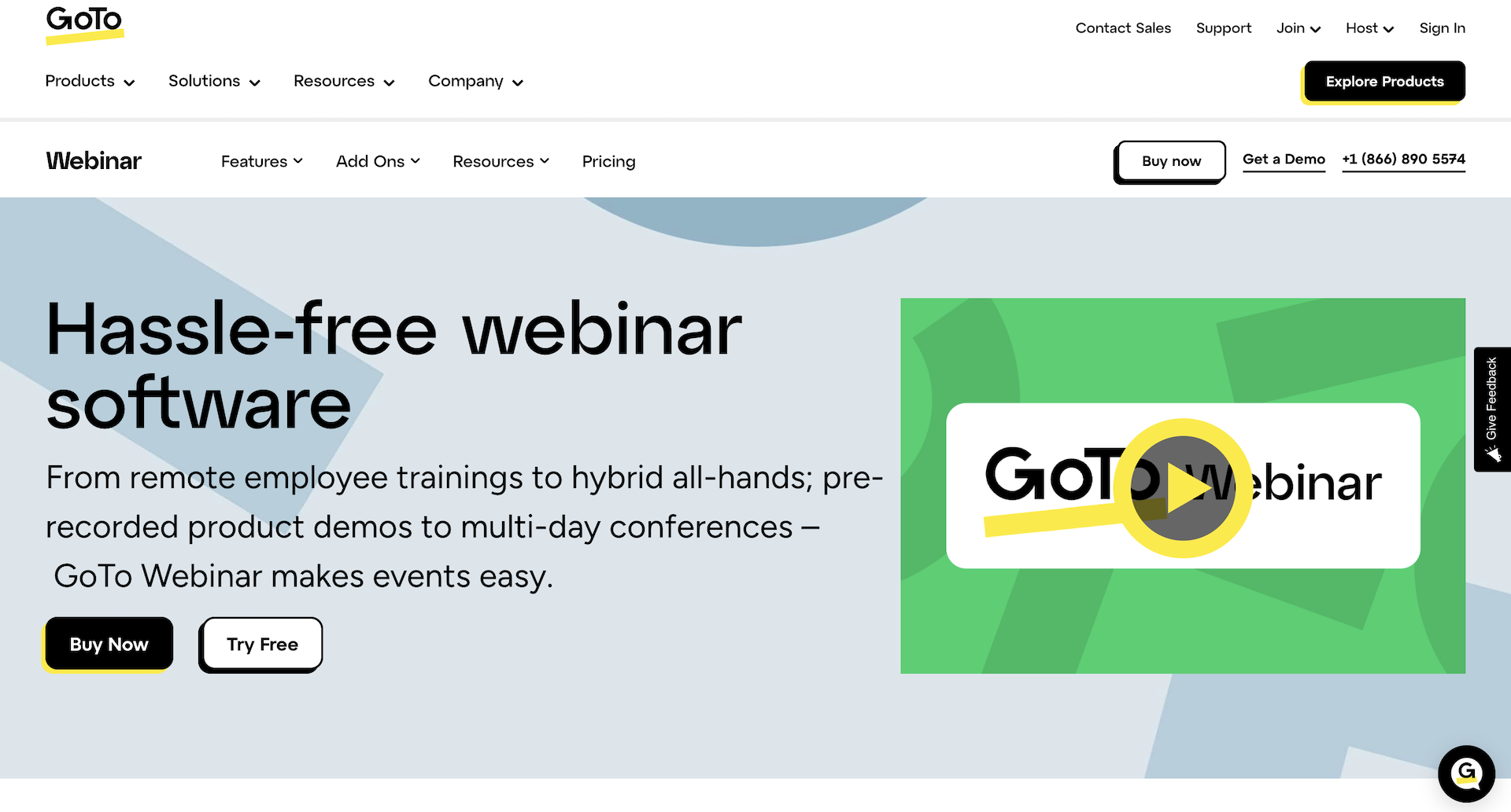 Screenshot of GoTo Webinar's website homepage