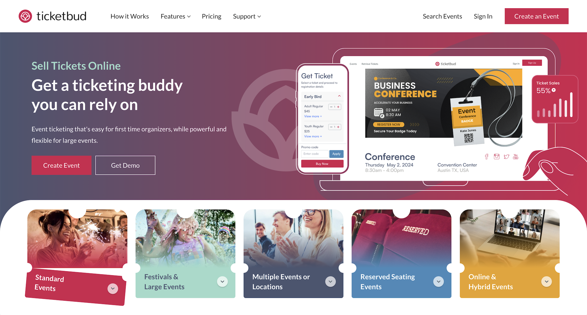 Screenshot of Ticketbud's website homeage