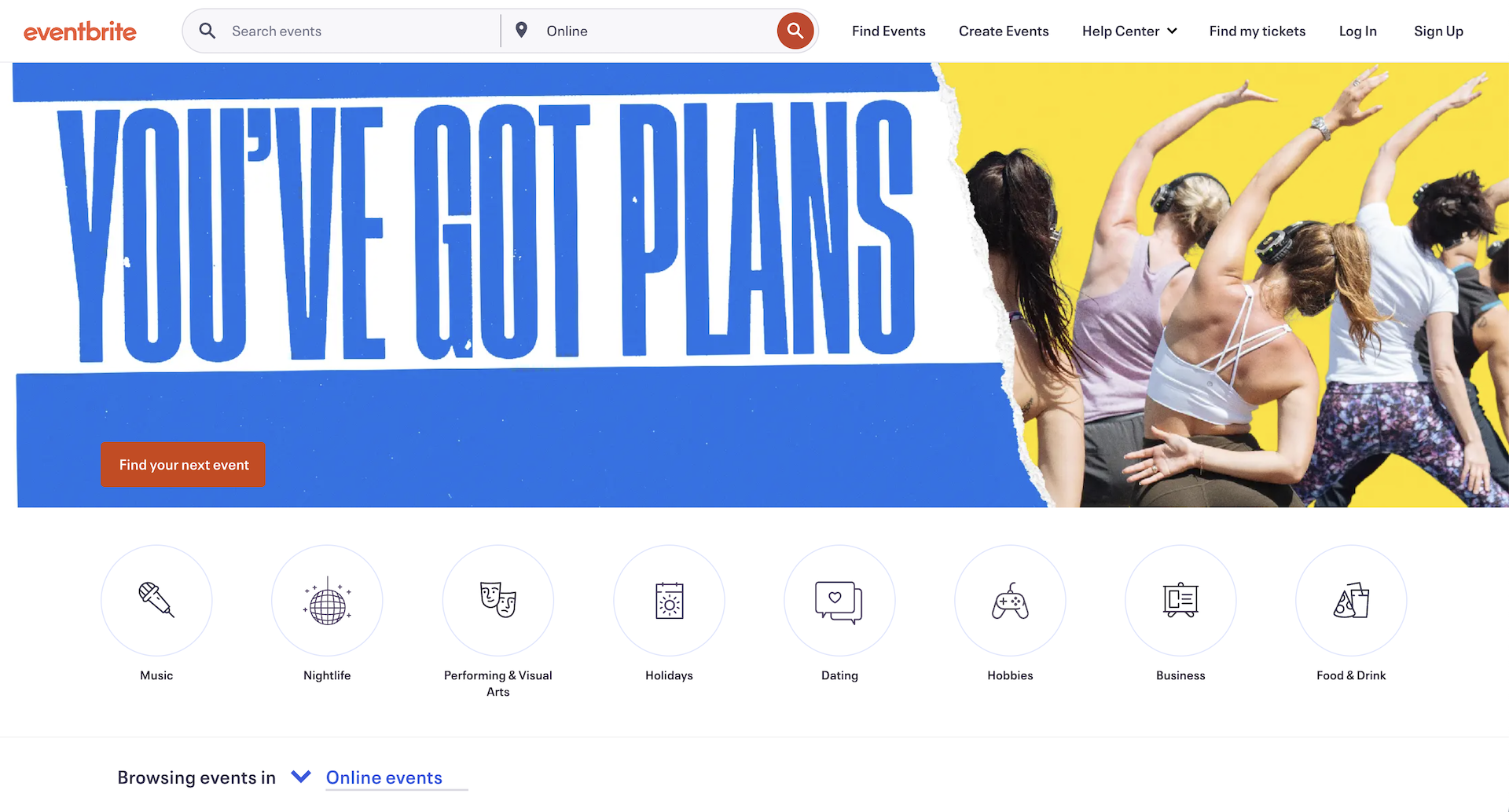 Screenshot of Eventbrite's website homepage