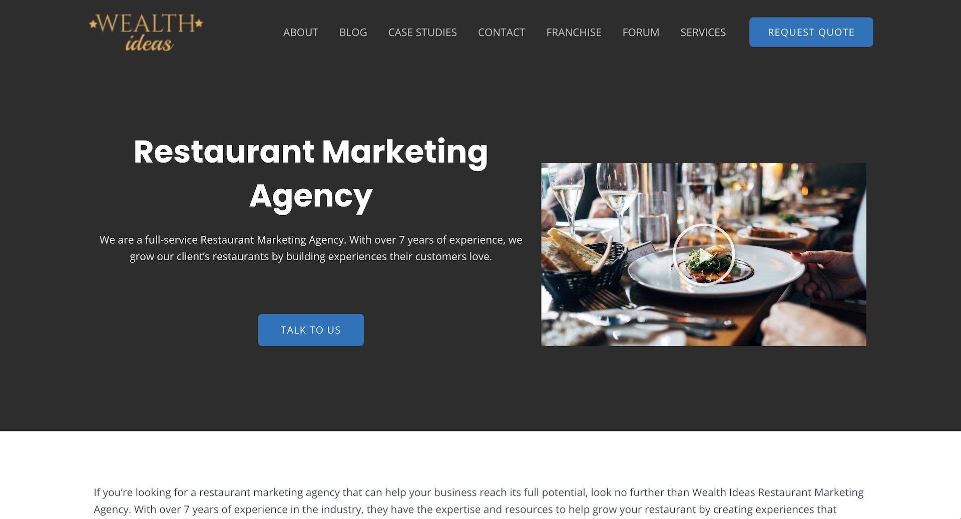Screenshot of Wealth Ideas Restaurant Marketing Agency's homepage