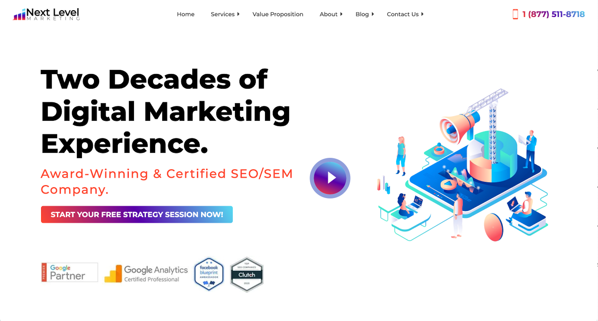 Screenshot of Next Level Marketing's website homepage